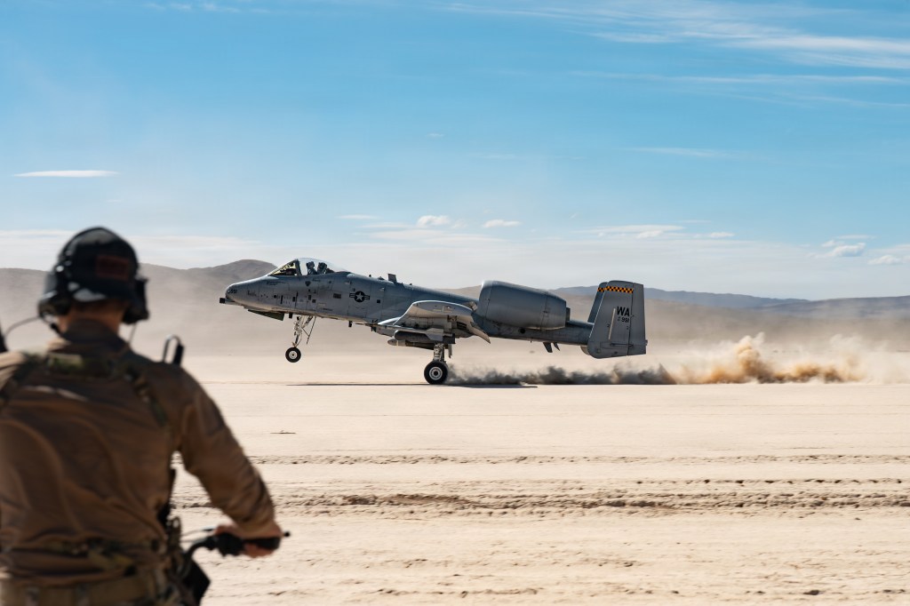 A U.S. Air Force A-10 Thunderbolt II assigned to the 66th Weapons Squadron performs an austere landing at Delamar Dry Lake, Nevada